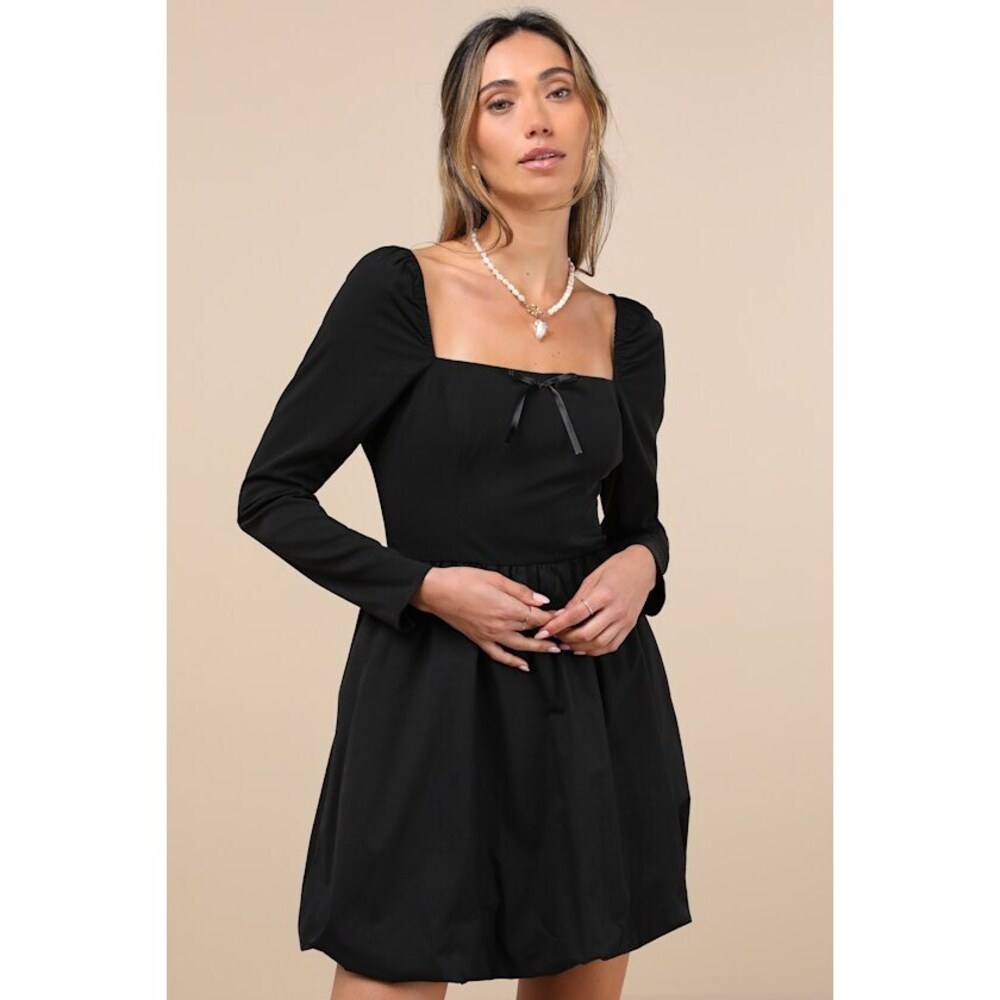 Lulus Darling Picture Black Bow Long Sleeve Bubble-hem Mini Dress